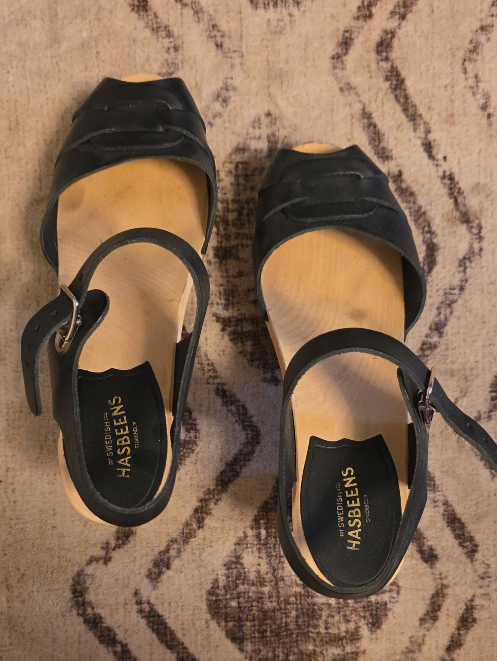Swedish Hasbeens Black Leather Open-Toe Heel with Ankle Strap
